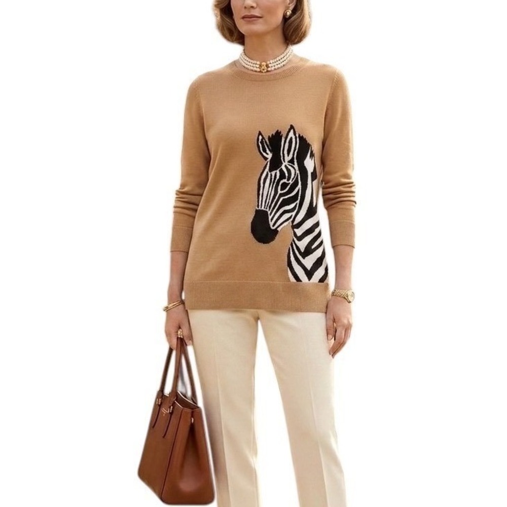 Talbots Tan Zebra Intarsia Knit‎ Cotton Blend Crewneck Sweater Preppy Large